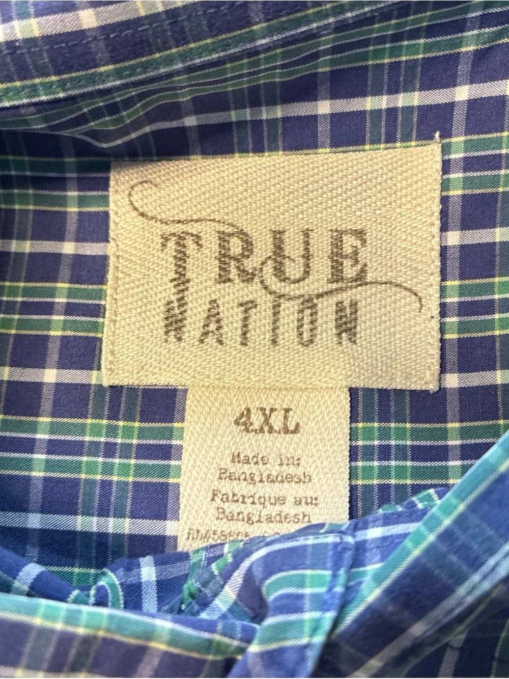 True Nation Shirt Men’s Blue Green White Plaid Woven Cotton 4XL Pockets